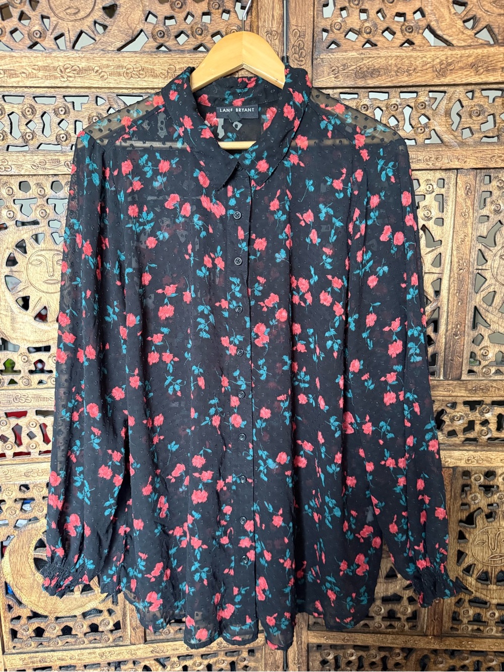 Lane Bryant Black Floral Button-Up Blouse - Red & Teal Print SZ 22/24